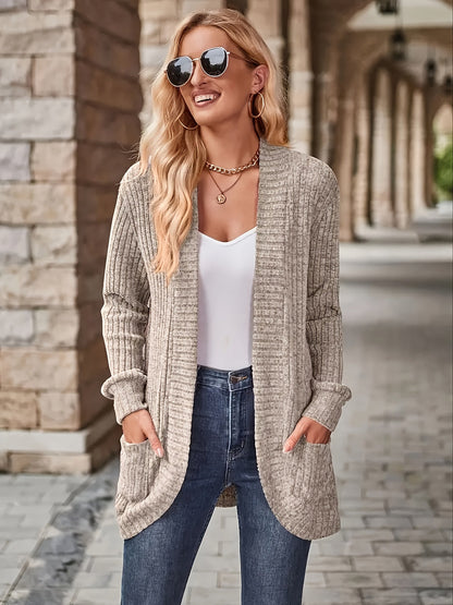 Lotte | Solid Color Open-Front Cardigan Featuring Pockets