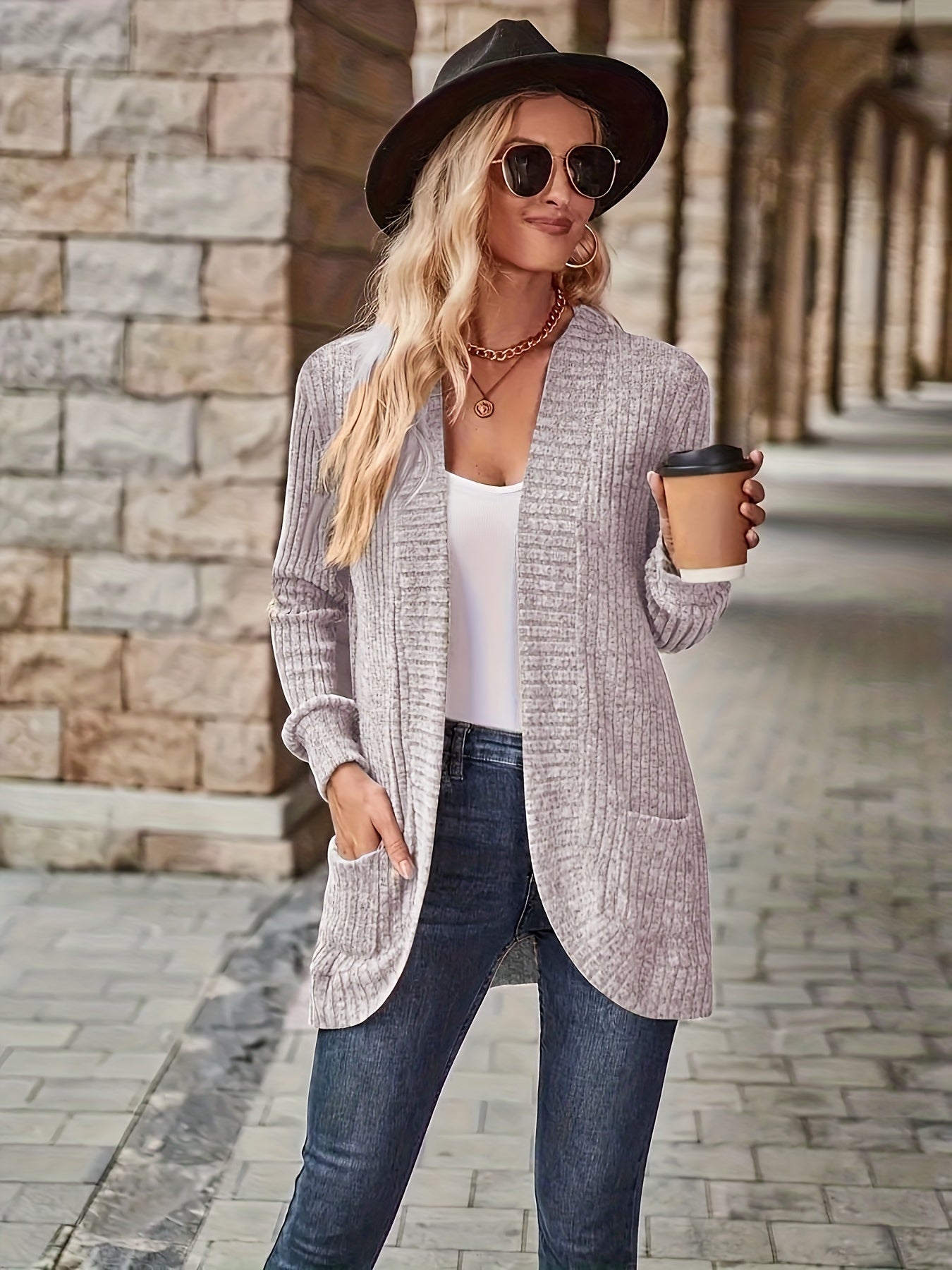 Lotte | Solid Color Open-Front Cardigan Featuring Pockets