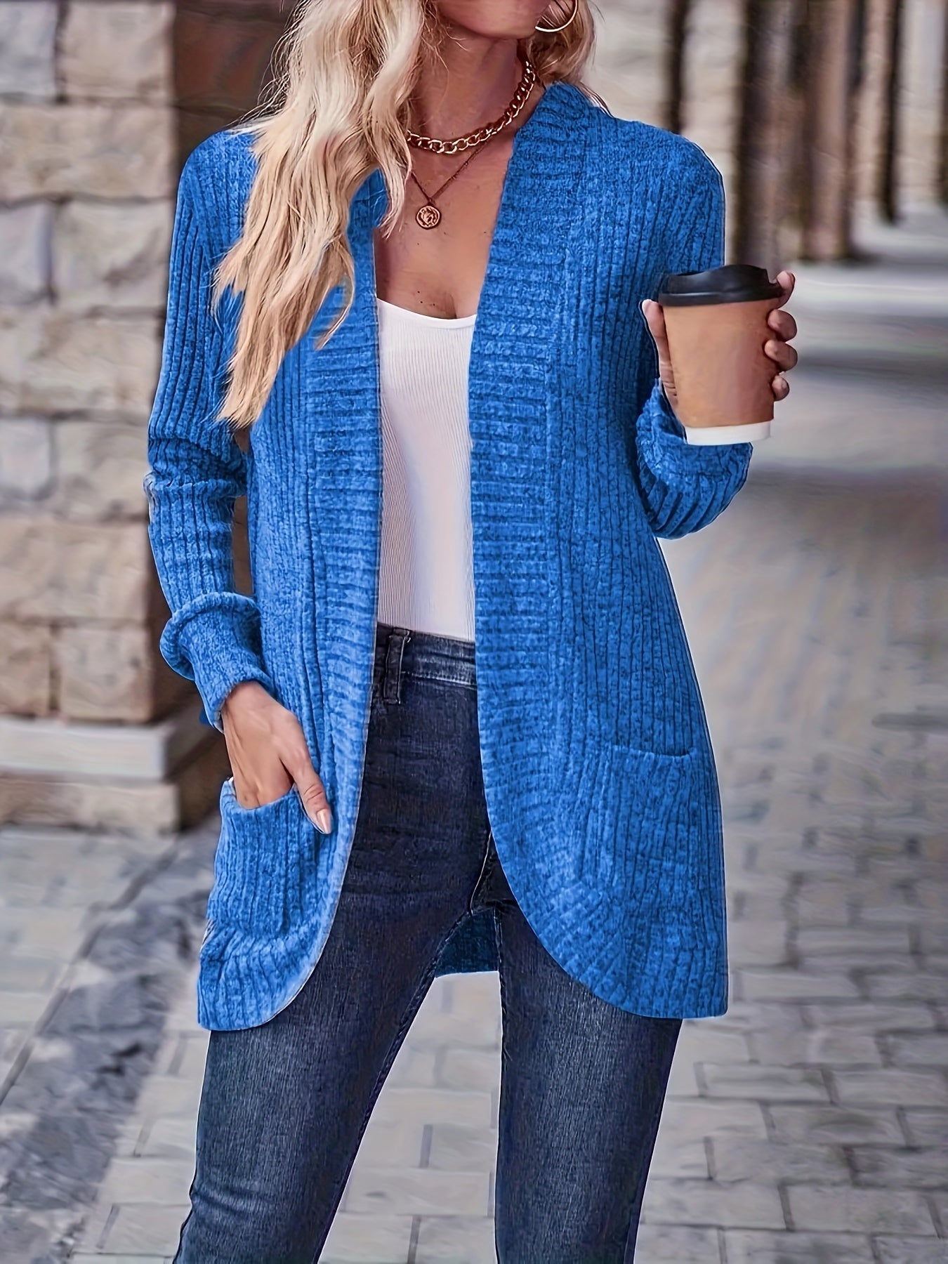 Lotte | Solid Color Open-Front Cardigan Featuring Pockets