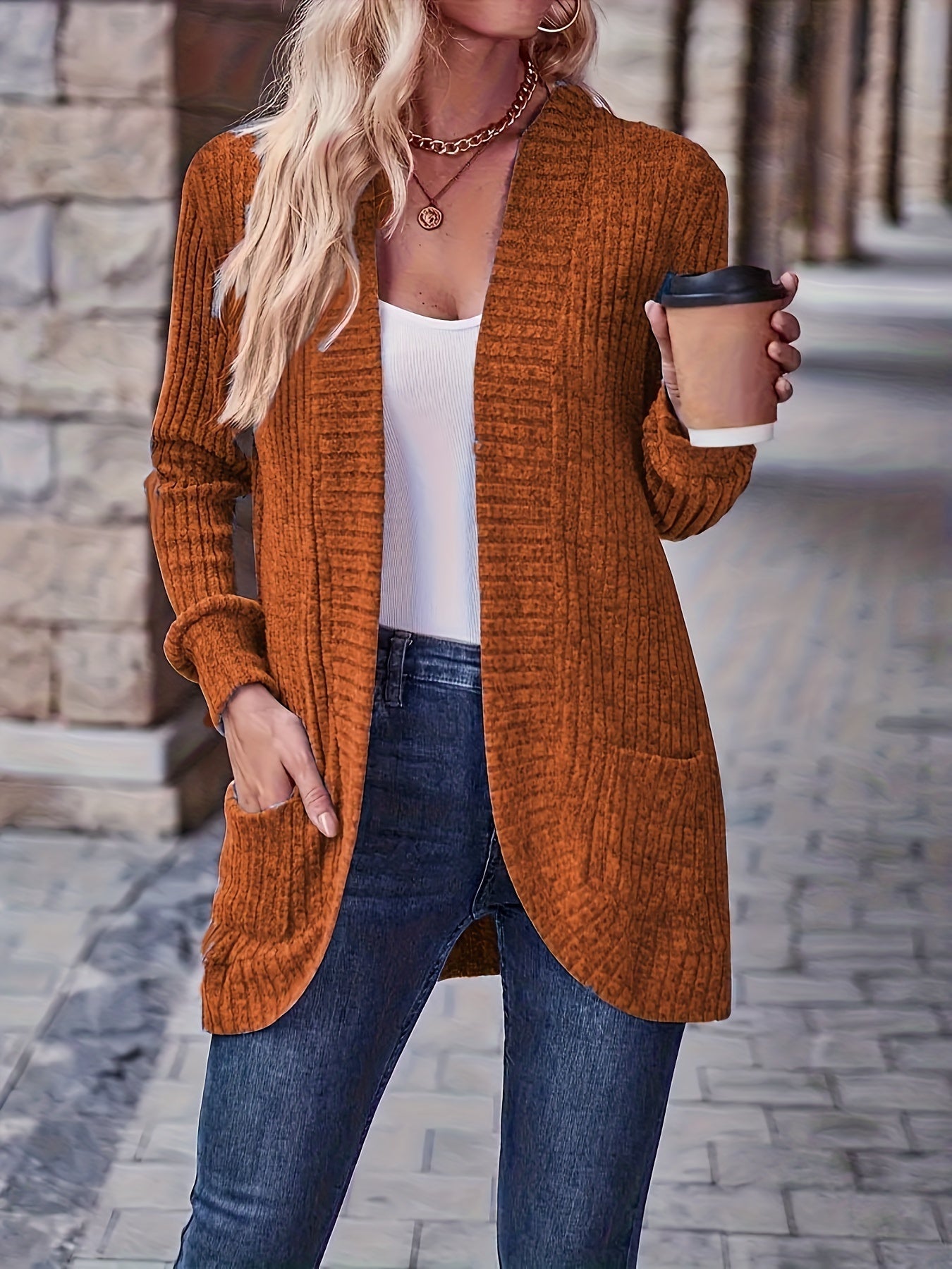 Lotte | Solid Color Open-Front Cardigan Featuring Pockets