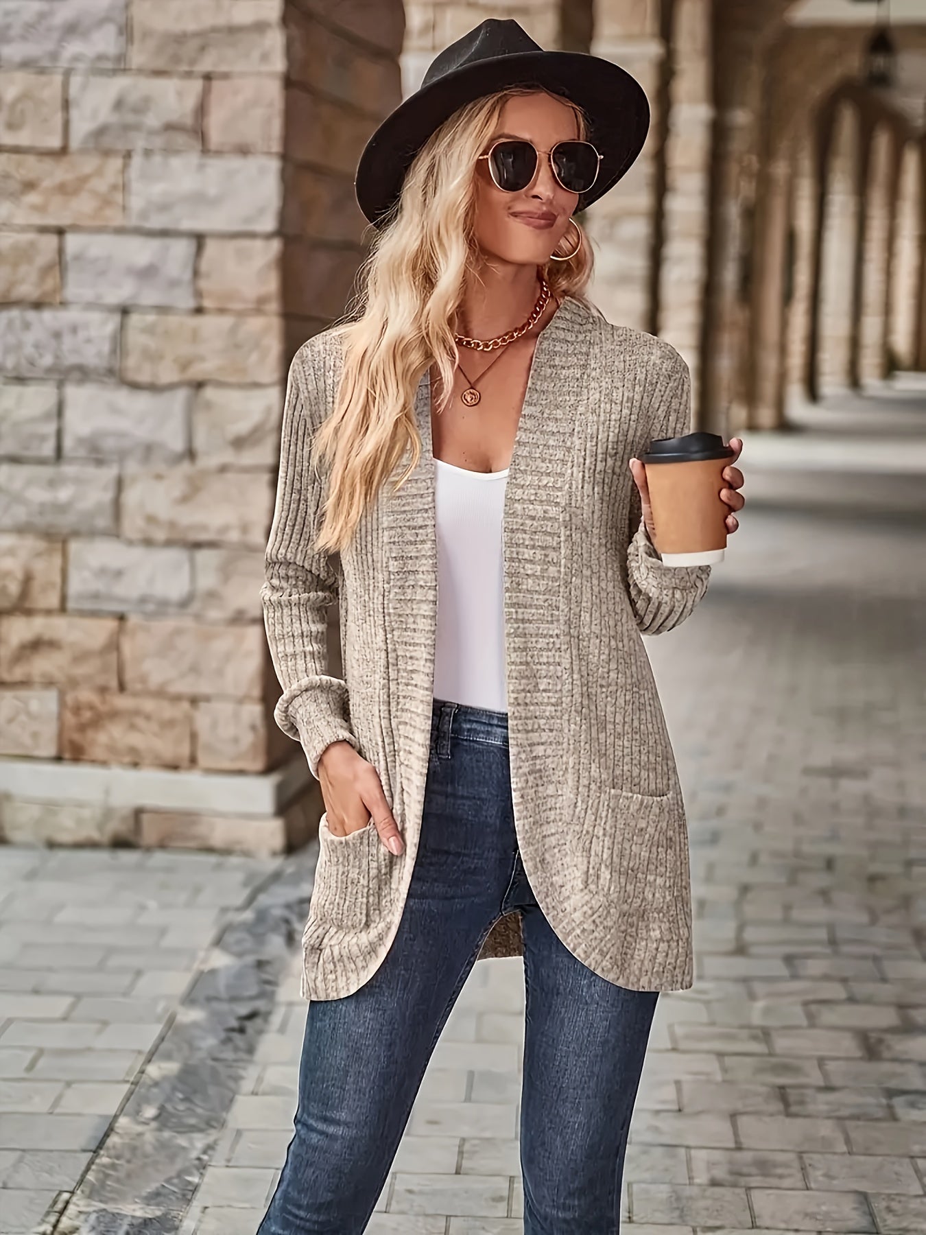 Lotte | Solid Color Open-Front Cardigan Featuring Pockets