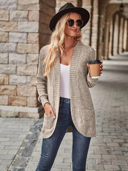 Lotte | Solid Color Open-Front Cardigan Featuring Pockets