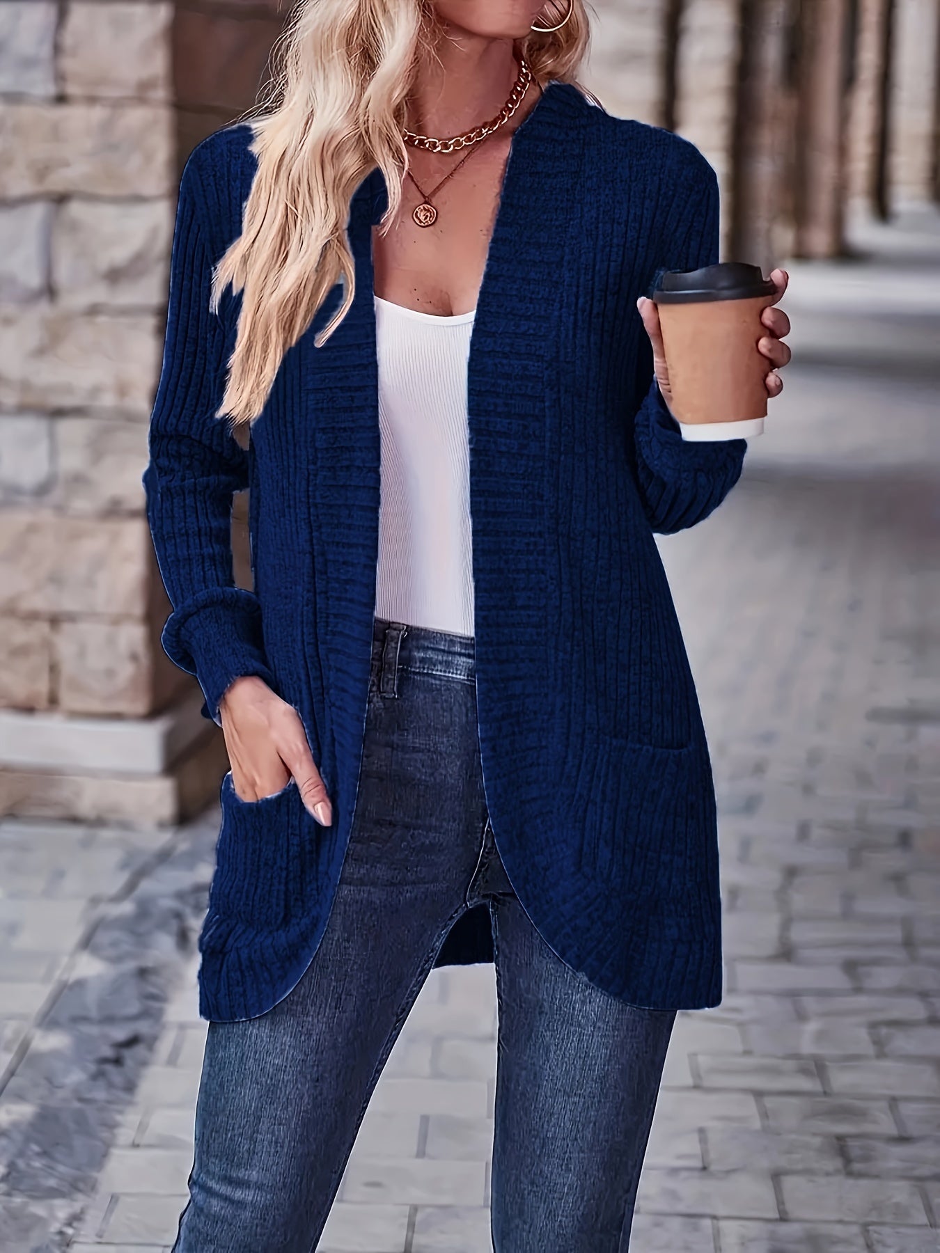 Lotte | Solid Color Open-Front Cardigan Featuring Pockets