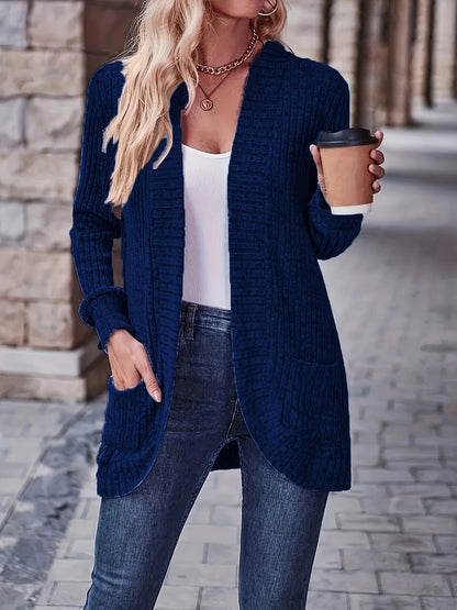 Lotte | Solid Color Open-Front Cardigan Featuring Pockets