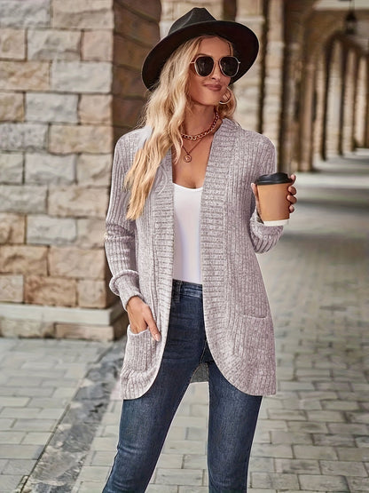 Lotte | Solid Color Open-Front Cardigan Featuring Pockets