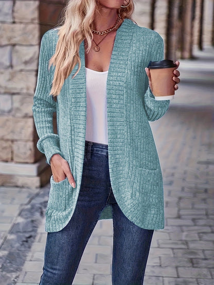 Lotte | Solid Color Open-Front Cardigan Featuring Pockets