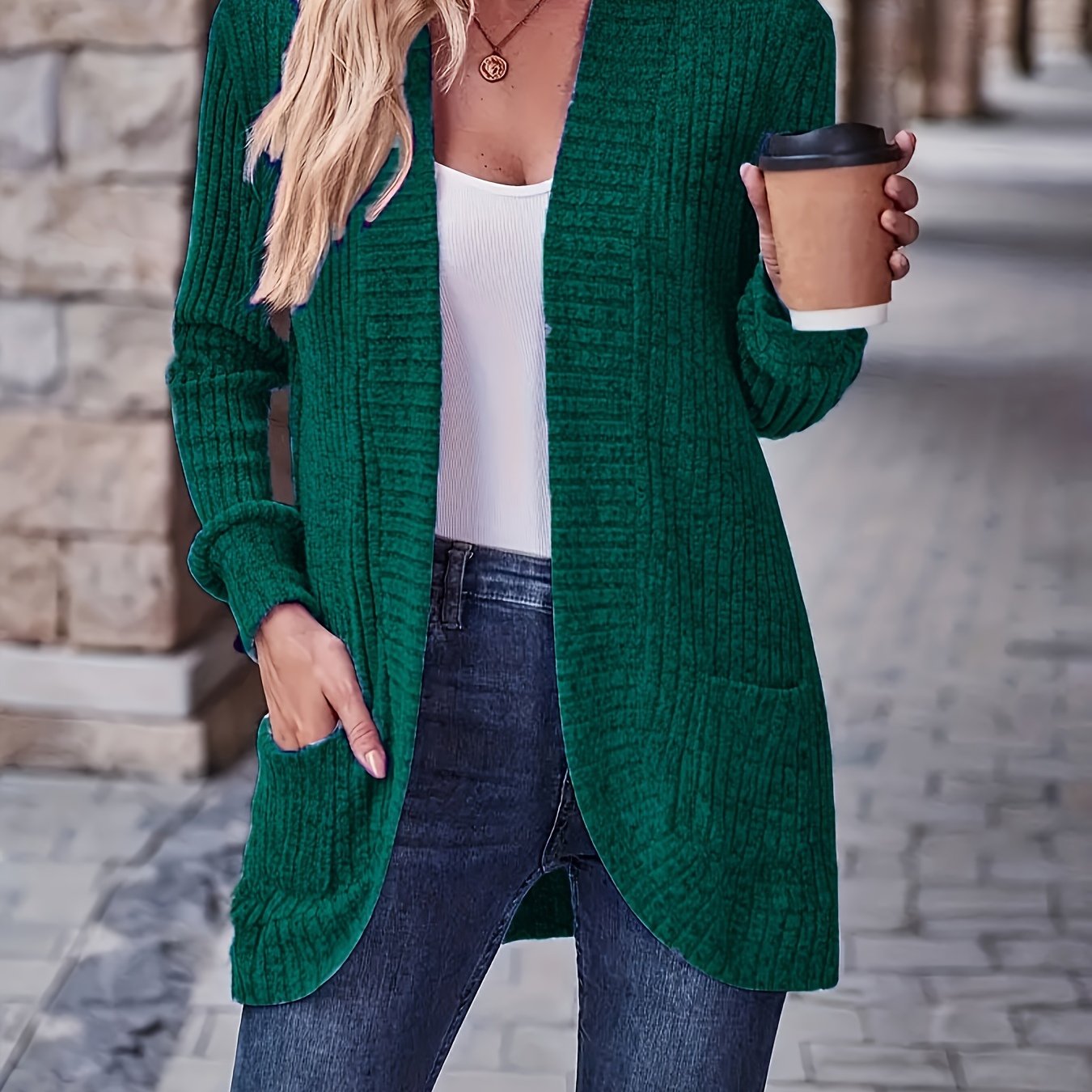 Lotte | Solid Color Open-Front Cardigan Featuring Pockets