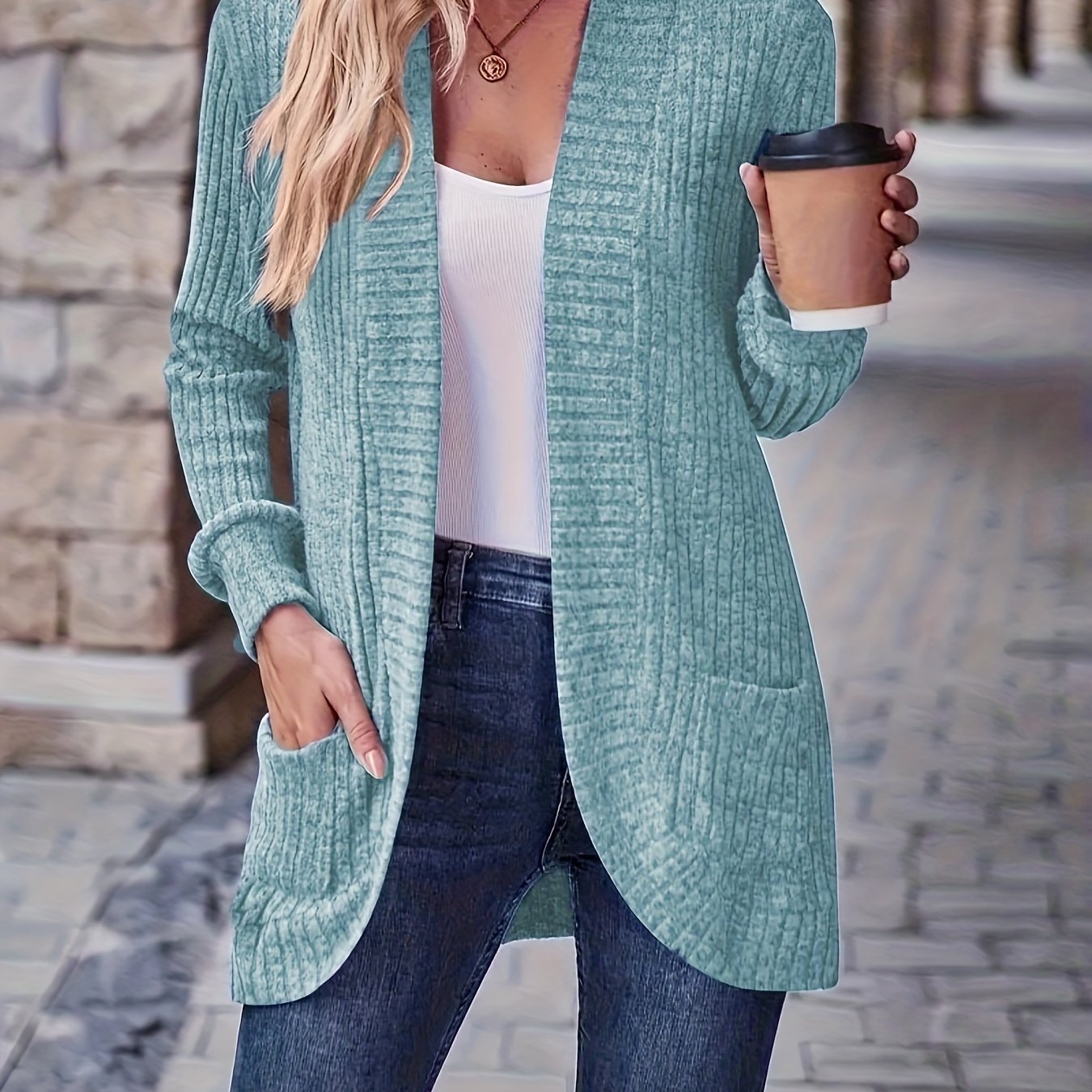 Lotte | Solid Color Open-Front Cardigan Featuring Pockets