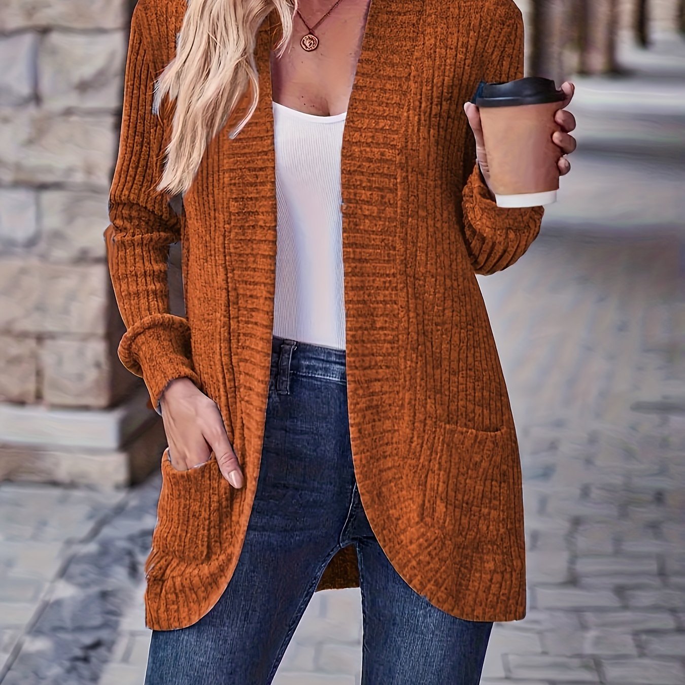 Lotte | Solid Color Open-Front Cardigan Featuring Pockets