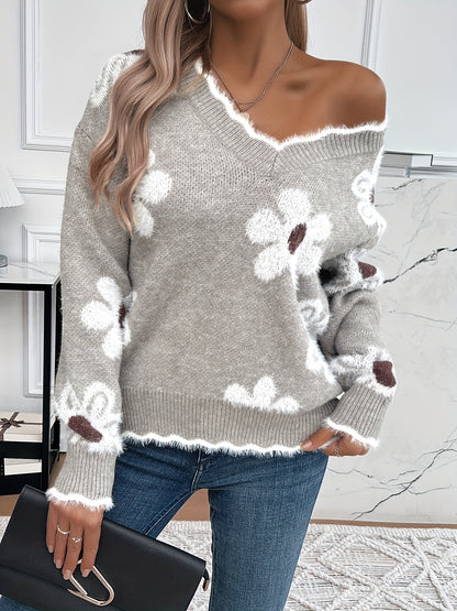 Nina | V-Neck Floral Knit Sweater