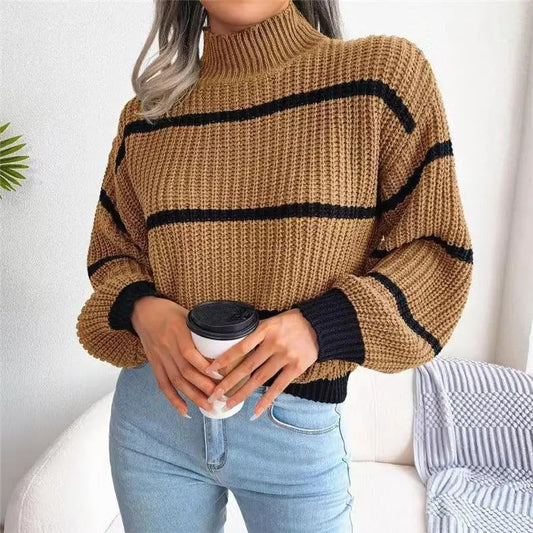 Women's Striped Wool High-Neck Sweater