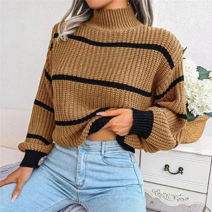 Women's Striped Wool High-Neck Sweater