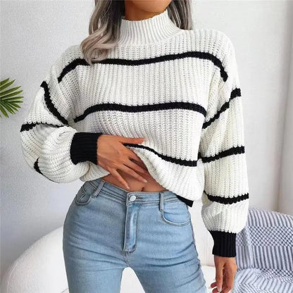 Women's Striped Wool High-Neck Sweater