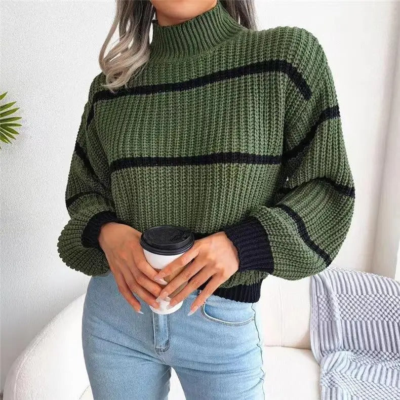 Women's Striped Wool High-Neck Sweater
