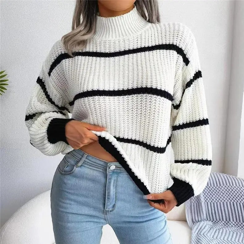 Women's Striped Wool High-Neck Sweater