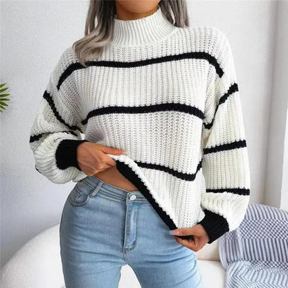 Women's Striped Wool High-Neck Sweater